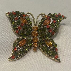 Vintage Butterfly Brooch with Green and Orange Crystals